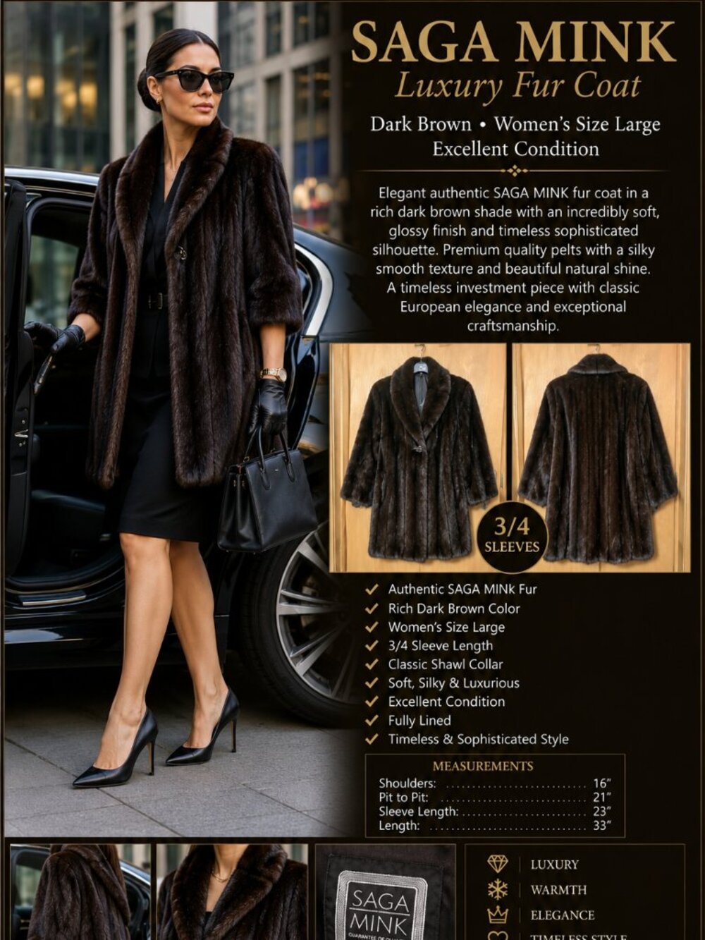 Authentic SAGA MINK Luxury Fur Coat – Rich Dark Brown | 3/4 Sleeves | Large